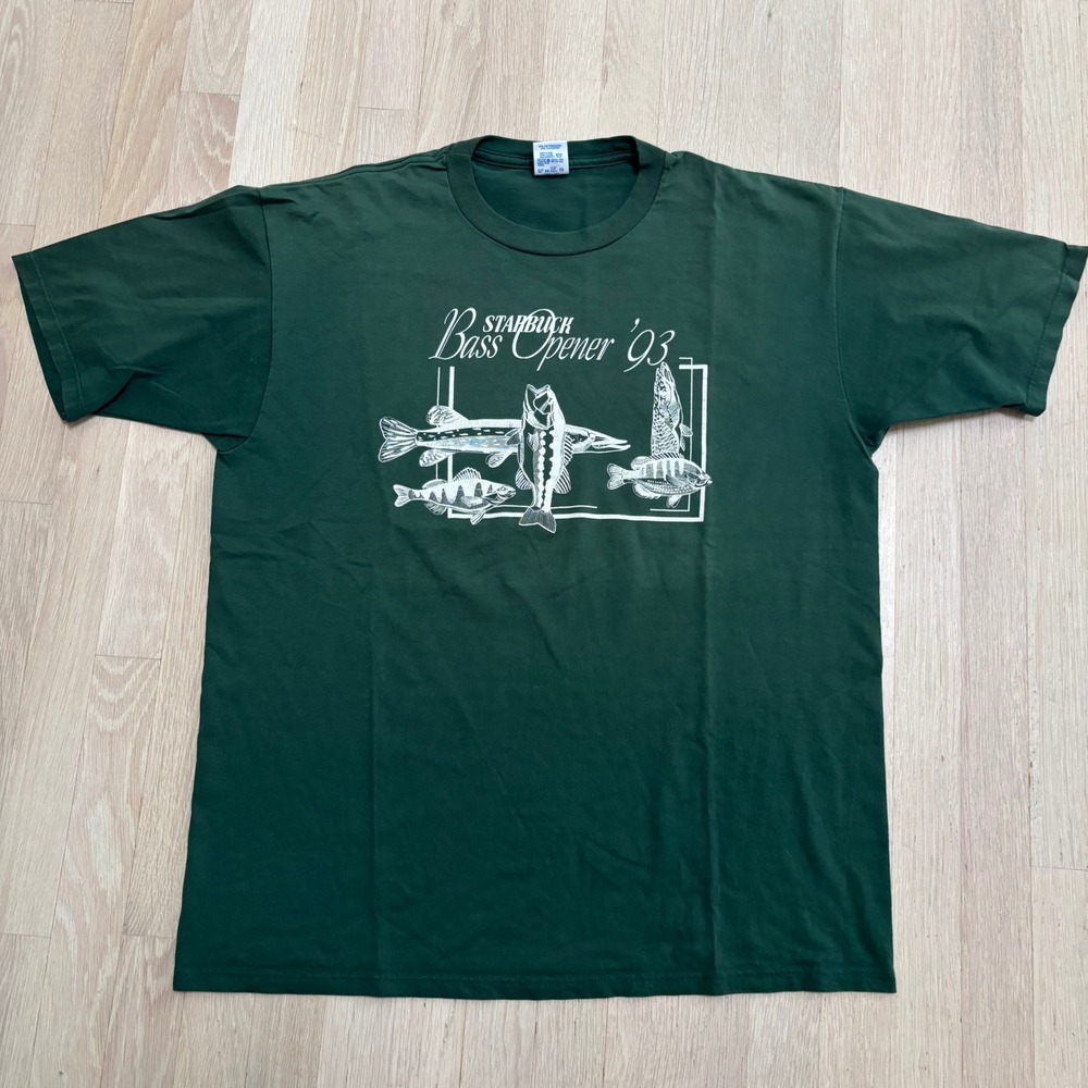 Jerzees Graphic Tee Mens XL Green Excellent 1993 Starbuck Bass Opener Fishing